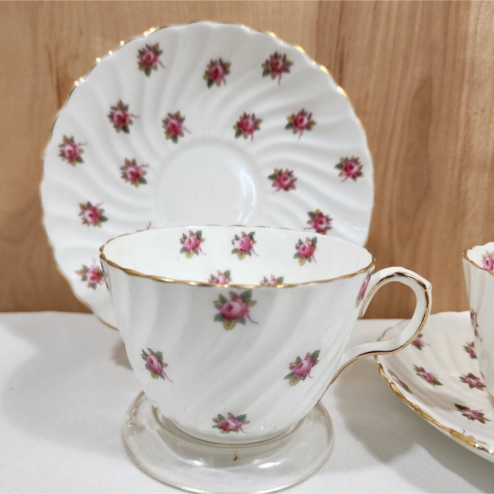 John Aynsley Hathaway Cup & Saucer bone china roses swirled edge England 2 sets
